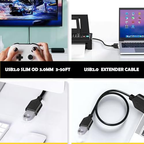 Slim USB 2.0 A to USB A Female 50ft Cable, Long USB2.0 extener Cable USB2.0 A male TO A female Fast Charging Long Charging Cable for PS5, Keyboard, Mouse and More! The Wire Diameter is 2.8 MM