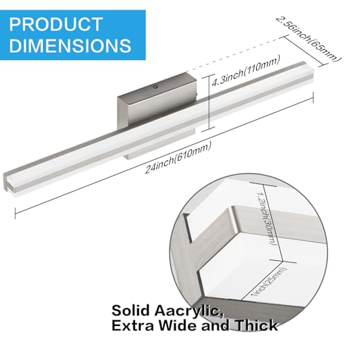 SOLFART Vanity Lights for Bathroom Brushed Nickel Dimmable Bathroom Lighting Over Mirror 24 Inch LED Wall Lights S8200-610mm-NK-D