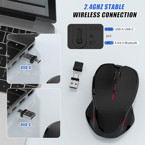 Wireless Bluetooth Mouse for Mac Pro MacBook Air, Rechargeable Mice with Jiggler Mouse, 3 Mode Switch Bluetooth 5.2/3.0 & 2.4G USB-A/USB-C Receiver, Optical Silent Mouse for iPad PC Laptop, Black - Image 4