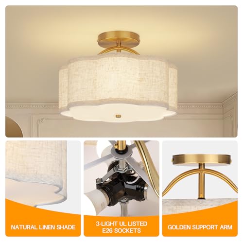 CALOKES Semi Flush Mount Ceiling Light, 11.8" Modern 3-Light Fixture with Petal-Shaped Cream Beige Linen Shade and Golden Support Arm, Ideal for Bedroom, Kitchen, Living Room, Hallway, and Entryway