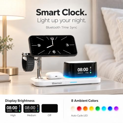 Qi2.2 25W Magnetic Wireless Charging Station, 5-in-1 Charger Stand with Bluetooth Speaker, Alarm Clock & Night Light for iPhone 12–17, Apple Watch, AirPods, Galaxy & Pixel (Qi)
