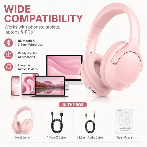 MIDOLA Bluetooth Headphones Over Ear 68H Playtime 6 EQ Wireless Headset with Microphone HiFi Stereo Foldable Lightweight Deep Bass for Travel Home Office Cellphone Pink