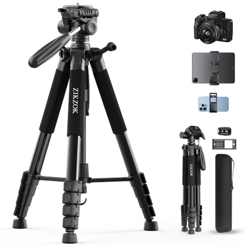 75" Camera Tripod, Aluminum Heavy Duty Camera Stand for ipad Phone, Travel Tripod with/Carry Bag/Phone Tablet Holder, Compatible with Canon Nikon Sony DSLR, Spotting Scopes, Max Load 15 Lb(Black)