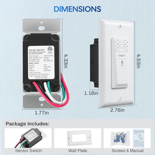 Humidity Sensor Switch for Bathroom Fan with Wall Plate, Automatic On/Off Control, Single Pole, 120VAC 60Hz, 20-Min Delay Timer, Quiet Energy-Saving Moisture Sensor Switch for Laundry ETL Certified