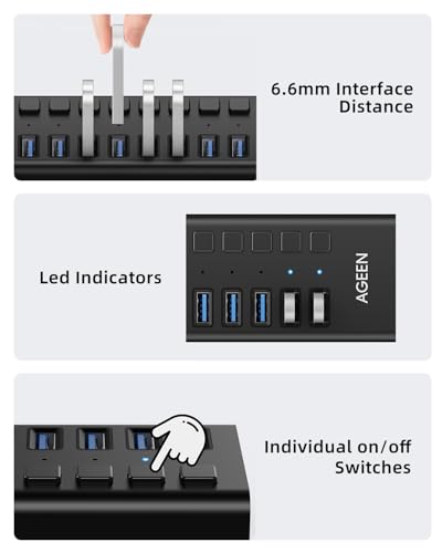 AGEEN 16-Port Powered USB 3.2 Hub, 10Gbps Data Transfer, 96W Power Adapter