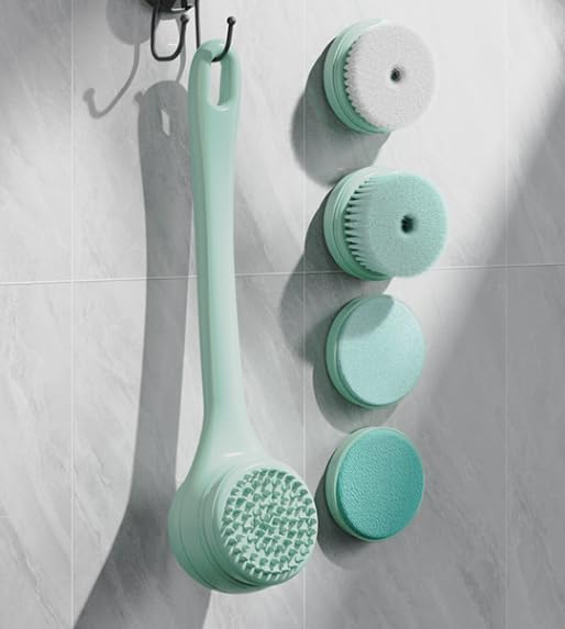 ME JO Electric Body Brush Back Scrubber for Shower | Massaging Spin Brush | 5 Replacement Heads | Waterproof | Rechargeable |Shower Back Scrubber for Men Women | Exfoliating Bath Brush(Green)