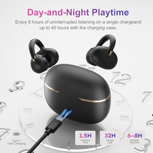 OHAYO A7 Open Ear Clip-On Headphones for Glasses Wearers - Safe for Running & Streets, 4.7g Weightless Fit, 40H Battery, Bluetooth 5.4, Black