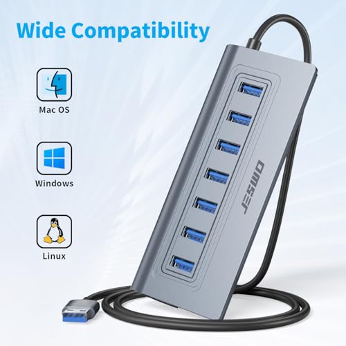 Powered USB Hub, JESWO 7-Port USB 3.0 Hub, Aluminum USB Data Hub with 3.3ft Cable, USB Hub 3.0 Powered with 5V/4A Power Adapter for MacBook, Notebook PC, USB-Flash Drives, Mobile HDD and More (Grey)