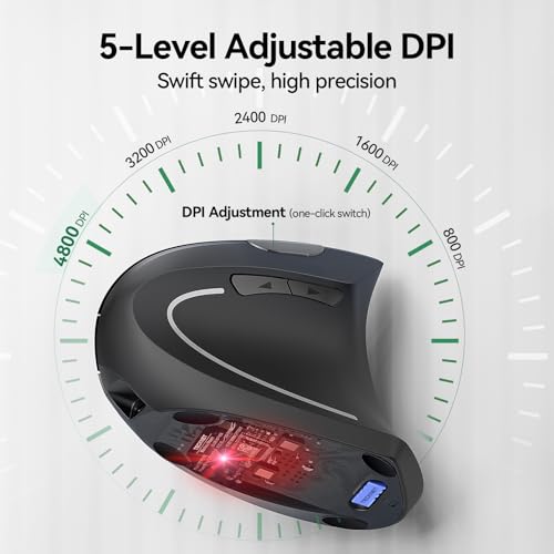 TECKNET Wireless Ergonomic Mouse, Vertical Computer Mouse for Wrist Comfort, Rechargeable Optical Mouse with Adjustable DPI（4800）, Silent Click, 6 Buttons, USB Receiver for Laptop, Desktop, PC, Mac