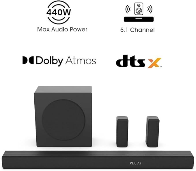 Hisense 5.1 Ch Soundbar with a Total of 440W Output, Rear Surround Speakers, 6.5” Wireless Subwoofer, Dolby Atmos and DTS Virtual X, Easy Connect - R652 (Renewed)