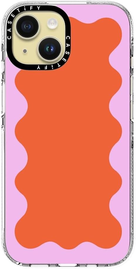 CASETiFY Clear iPhone 15 Case [Not Yellowing / 6.6 ft. 3X Military Grade Drop Protection/Compatible with Magsafe] - Pink Wavy Border on Orange - Clear