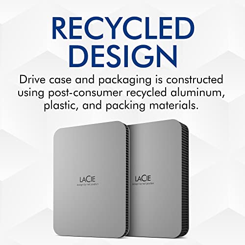 LaCie Mobile Drive 1TB External Hard Drive Portable HDD - Moon Silver, USB-C 3.2, for PC and Mac, Post-Consumer Recycled, with Adobe All Apps Plan and Rescue Services (STLP1000400)