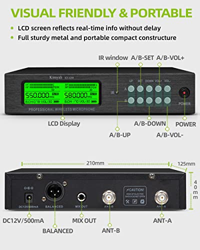 Kimyah Wireless Lavalier and Headset Microphone System,Dual UHF Cordless Bodypack Mics, 2 Lavalier and 2 Headset Microphones, 328ft Range,Ideal for Church and Teaching, Lecture(KY-6208)