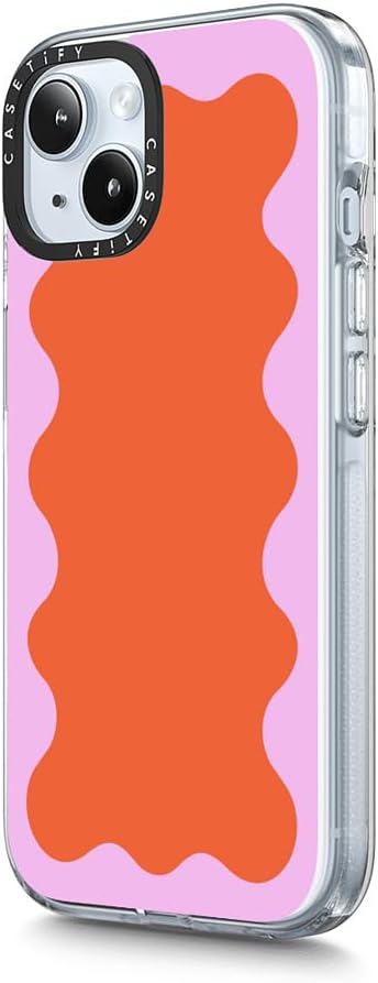 CASETiFY Clear iPhone 15 Case [Not Yellowing / 6.6 ft. 3X Military Grade Drop Protection/Compatible with Magsafe] - Pink Wavy Border on Orange - Clear
