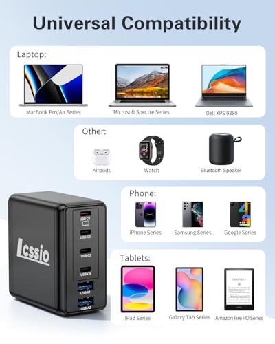 Lcssio 2 Pack 200W USB C Charger with 4 USB Cables, 6-Port Wall Charger