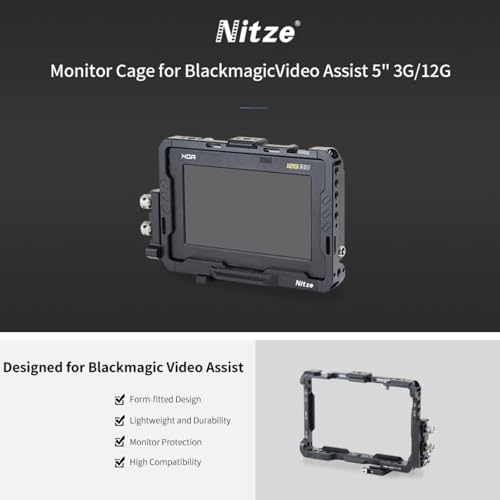 Monitor Cage for Blackmagic Video Assist 5" 12G / 3G, Nitze Cage with HDMI and USB-C Cable Clamps