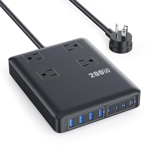 200W Charging Station,12-in-1 USB C Power Strip with Flat Plug and 5ft Extension Cord,4 AC Outlets,4 USB-A,4 USB-C Ports for iPhone 17/16/15,65W PD Fast Laptop Charger for MacBook, Home, Office, Dorm - Image 2