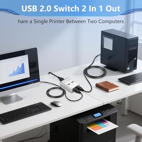 CERRXIAN USB2.0 Manual Printer Sharer Switcher,2 in 1 Out Printer Sharing Device Adapter,2-Port USB B Print Switch Hub Converter,with 2 USB Printer Cables (5ft/1.5M),for Printer Scanner