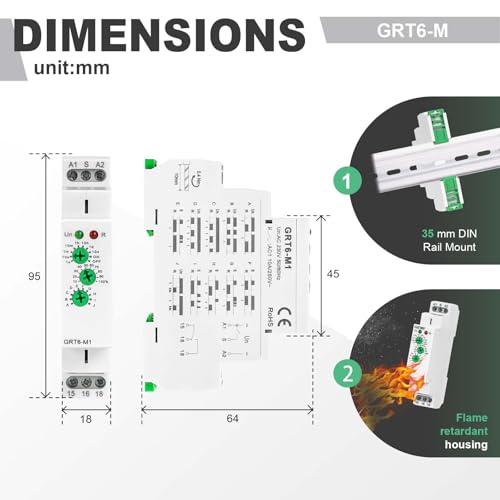 Multifunction Time Delay Relays AC DC 24V-240 Volt, 10A Mini Adjustable Timer Switch ON Off GRT6-M1, with 10 Electrical Timers Relay Control Delay Function for 1 Minute to 10 Days, DIN Rail Mount