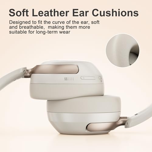 LORELEI Q30 Bluetooth Headphones Over Ear,60H Playtime & 3 EQ Music Modes,BT6.0 Headphones Wireless with Mic,Foldable Lightweight Headsets,HiFi Stereo Deep Bass for Home Travel iPad Tablet-Beige White