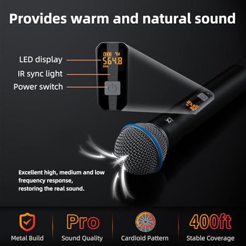 2-Channel Wireless Microphones System, 2 Metal Handheld Dynamic Mic Kit