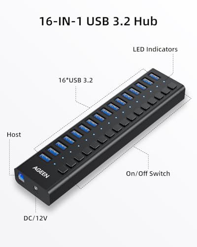 AGEEN 16-Port Powered USB 3.2 Hub, 10Gbps Data Transfer, 96W Power Adapter