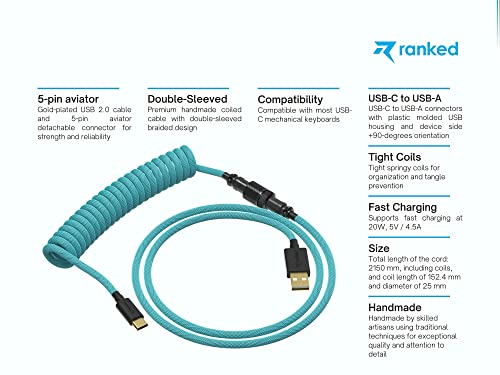 Ranked Coiled Keyboard Cable | Handcrafted Double-Sleeved Braided Cable | USB Type C to A | 5-Pin Aviator Connector for Custom Mechanical Gaming Keyboard | Support Fast Charge 20W (Ranked Blue)