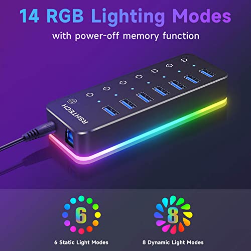 RSHTECH RGB USB Hub, USB C/USB 3.0 to 7-Port Powered USB Hub, RSH-518R