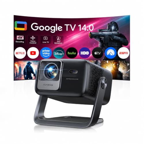 Smart 4K Support Projector [Google TV 14.0 & 360° Stand] with WiFi 6, Bluetooth 5.4, HDR10, 30W Hi-Fi, AI Auto Focus, Outdoor Portable Short Throw Movie Projector for Home Theater Bedroom Ceiling