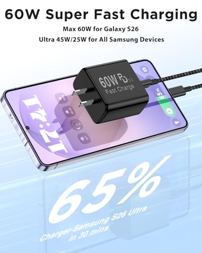 60W USB‑C Super Fast Charger, Braided Cables 3/6/10FT for Galaxy S26 Ultra - Image 4