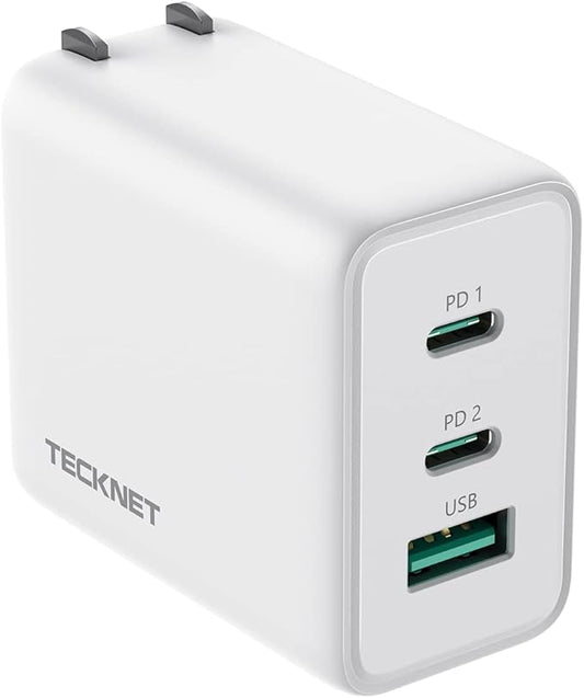 TECKNET 65W GaN Wall Charger PD 3.0 USB-C Fast Charger,3-Port Foldable Travel Adapter for iPhone 16 Pro Max/16 Pro/16 Plus/16/15/Galaxy S24/S25/MacBook Pro/Switch and More Series(White)