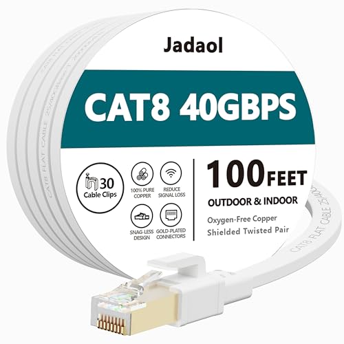 Jadaol Cat8 Ethernet Cable 100ft 40Gbps 2000MHz Flat S/FTP LAN Cable White