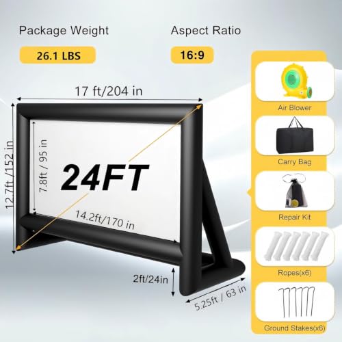 Inflatable Projector Screen, 24FT Blow Up Movie Screen Outdoor Projector, Easy Set Up One-piece Design Front & Rear Projection with Air Blower for Outside Backyard Family Movie Night Pool Party