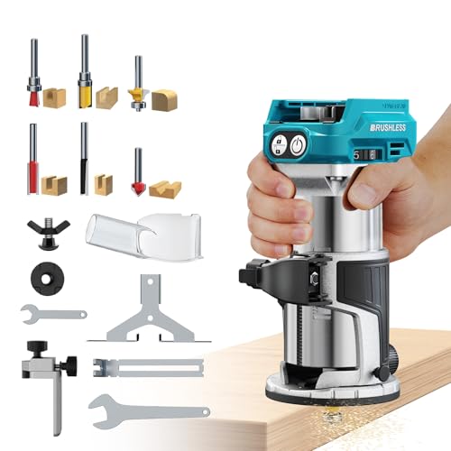 Cordless Router Tool Compatible with Makita 18V Battery(Tool Only), 800W Brushless Wood Router, 6-Speed Control, Depth Adjustment, Edge & Roller Guide, Router Bits Included
