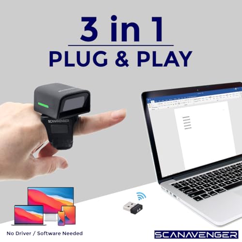 ScanAvenger 1D 2D QR Ring Bluetooth Barcode Scanner – Wearable Mini Wireless Finger Reader, USB & 2.4GHz, Compatible with iOS, Android, Windows, for Warehouse, Store & Inventory Use