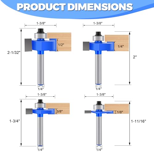 4 Pcs Rabbeting Router Bits Set 1/4 Inch Shank, Carbide Tipped Rabbet Router Bit with 6 Bearings Set, Router Accessories Interchangeable Adjustable Multi Depths Cutter for Cutting Rabbet Slots
