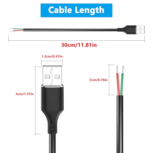 USB 2.0 to Bare Wire Cable,USB Type A Male Plug to 2 Pin Open End Bare Wire Pigtail Power Cord,24AWG 5V 2.5A 2 Cores Power Extension Cable for LED Strips, DIY Projects Electronics Repair-0.3M (5 PCS)