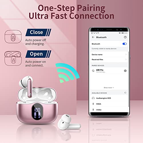Wireless Earbuds, Bluetooth 5.4 Headphones Bass Stereo/ENC Mic, Pink Gold