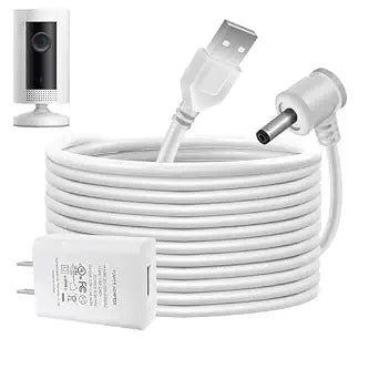 Charge Cords 30ft for Ring Weatherproof Indoor Outdoor Charging Cable with Quick 2Amp Power Adapter for Ring Stick Up Cam Battery 3rd Gen/2nd Gen & Spotlight Cam Battery (White,1 Pack)