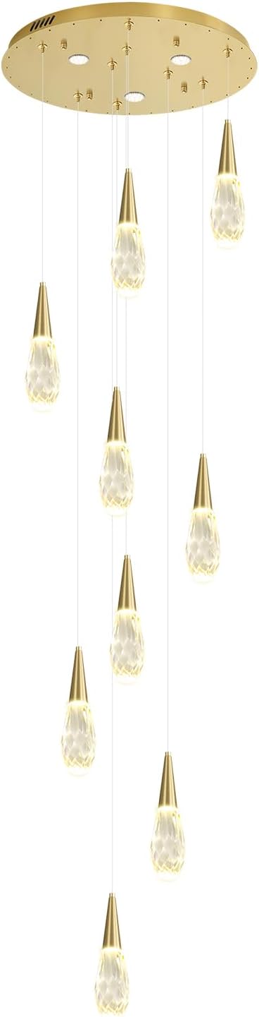 H98 Modern Chandelier for Stairway 9-Lights Crystal Raindrop Chandelier Gold Pendant Light for Staircase Living Room Entryway LED Dimmable High Ceiling Chandeliers with Remote