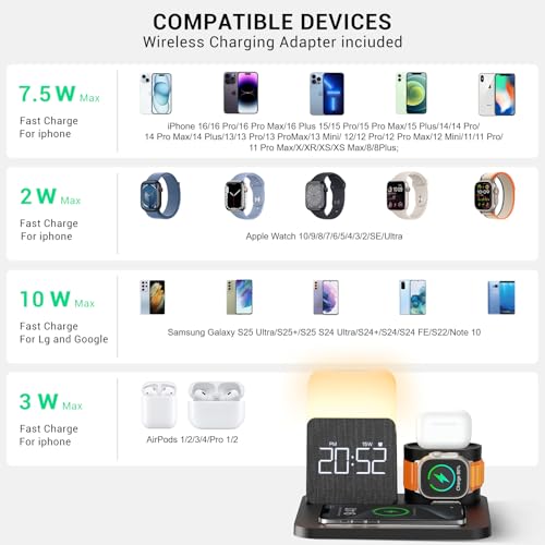 7 in 1 Charging Station for iPhone, Wireless Charging Station, Alarm Clock, Night Light, Wireless Charger for iPhone 17 16 15 14 13 12 Pro Max & Apple Watch - Charging Stand Dock for AirPods(Black)