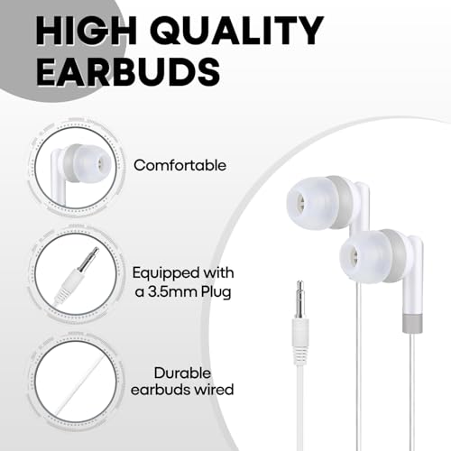 Kids Earbuds Headphones Bulk 100 Pack Class Set for School Classroom Students Children, Wholesale Durable Earphones (100 White)