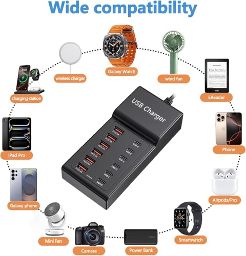 Multi USB Charger USB C Charging Station Block 50W 12 Ports Multiple USB C Hub USB Charging Strip for iPhone 13/14/15/16/Smartphone/Tablet