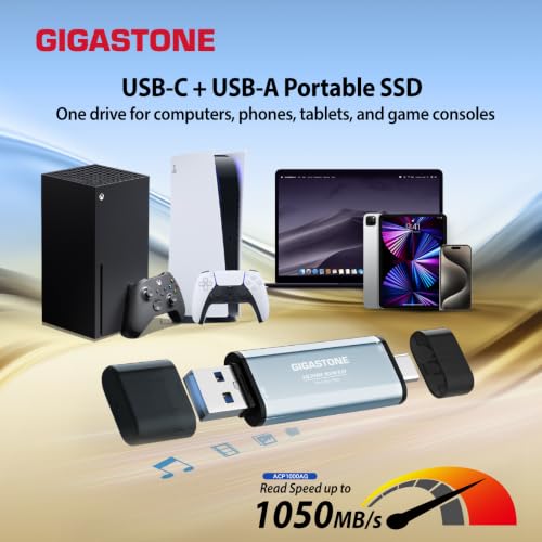Gigastone 1TB USB-C+A Portable SSD USB 3.2 Gen 2 Up to 1,050MB/s for iPhone 4K ProRes Recording/PS5/MacBook/iPad/Android/Laptop/OTG USB 3-Year Warranty External Solid State Drive