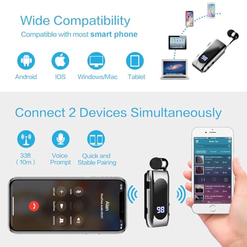 Retractable Wireless Headset Headphone Stereo Earphone V5.0 Noise Cancelling Mic Clip on Earpiece Comfortable HandsFree Headset 20Hrs Talking Time Sports Business Trucker Driver Earbud