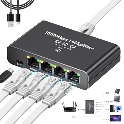 Gigabit Ethernet Splitter 1 to 4 - 1000Mbps RJ45 Port Router Switch with USB-C Power, Plug & Play 1-in-4-Out LAN Adapter for Cat5/5e/6/7/8 Cables, High Speed Network Switch for Desktop Printer Camera