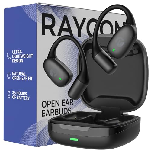 Raycon Essential Open Ear Earbuds – Open Ear Headphones, Earbuds Wireless Bluetooth, Sweat & Water-Resistant Earphones, Running Headphones with Ultra-Lightweight Design, 36 Hours Battery Life (Black)