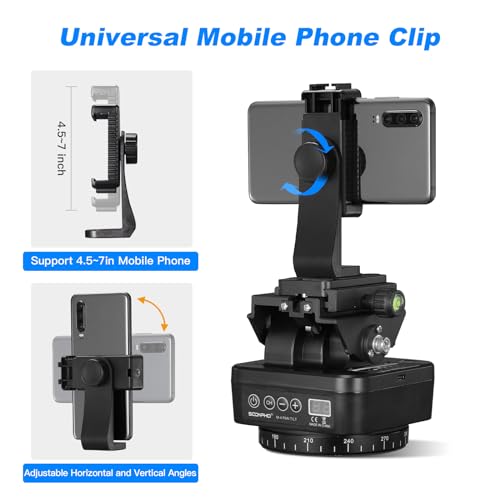 Soonpho M4 Motorized Rotating Panoramic Tripod Head, Remote Control 360° Pan Tilt Head with Mobile Phone Clip for DSLR Cameras, Camcorders, Smartphones, Tripod