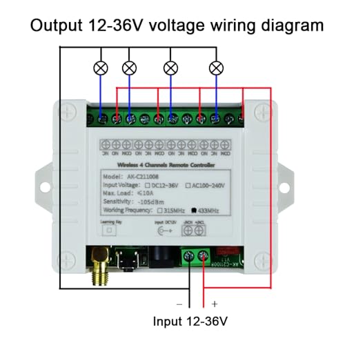 Remote Control Switch DC 12V 24V 36V 10A 4CH 433Mhz 600ft Long Range Wireless Relay Switch for Garage Door, Industrial Control, Household Control etc
