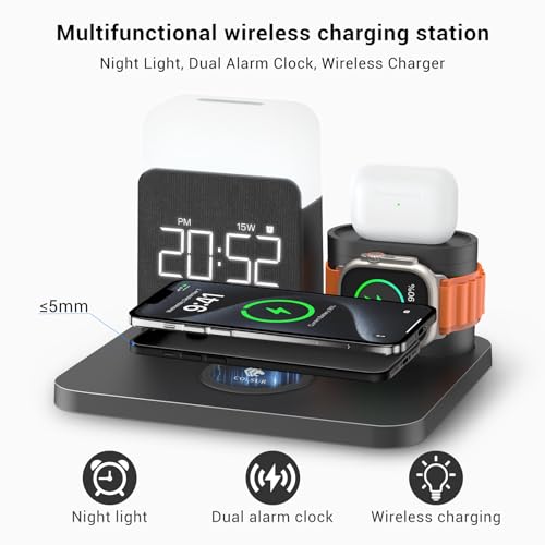 7 in 1 Charging Station for iPhone, Wireless Charging Station, Alarm Clock, Night Light, Wireless Charger for iPhone 17 16 15 14 13 12 Pro Max & Apple Watch - Charging Stand Dock for AirPods(Black)